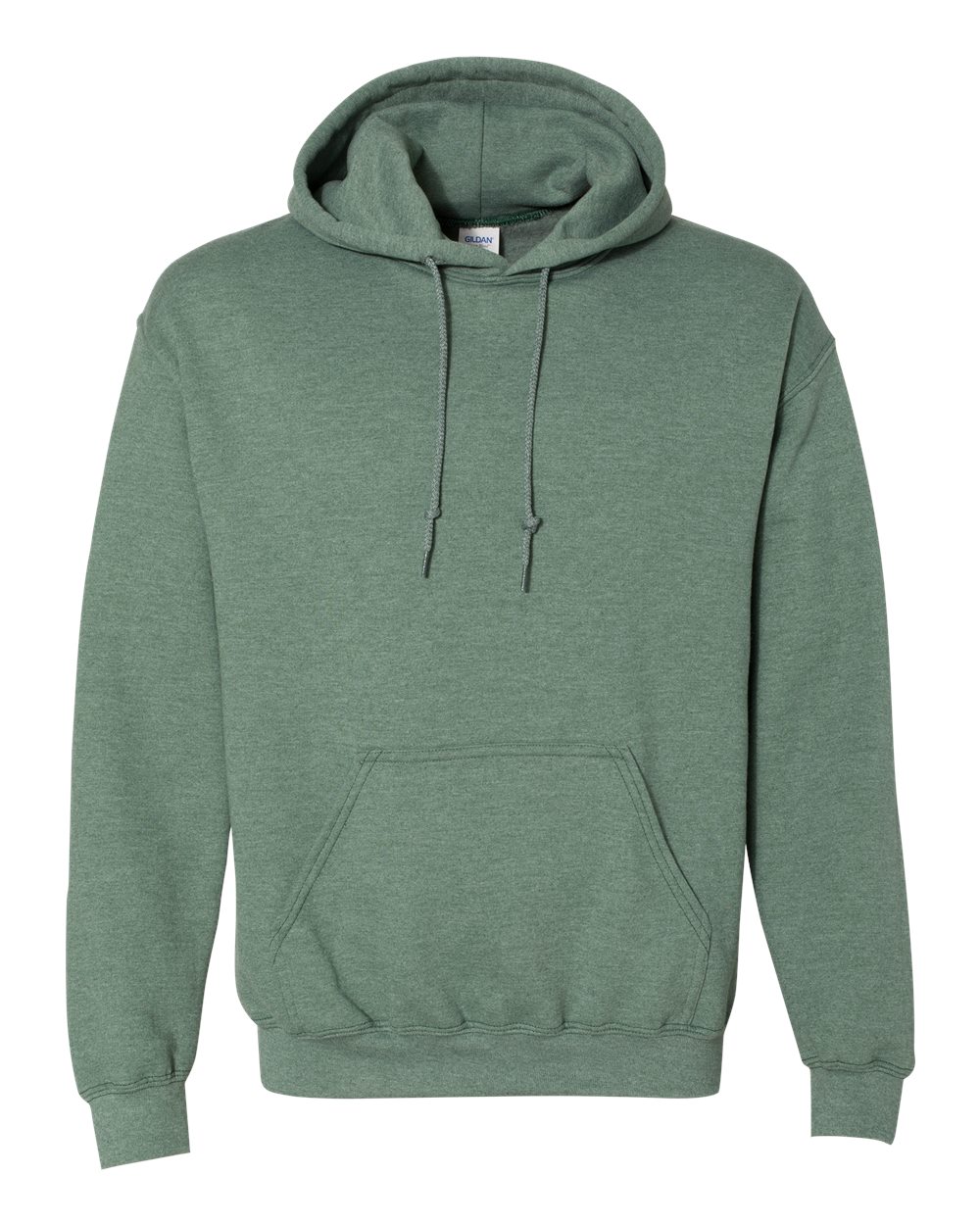 Custom Gildan 18500 Heavy Blend hooded sweatshirt in Heather Dark Green, front view, ready for personalized printing