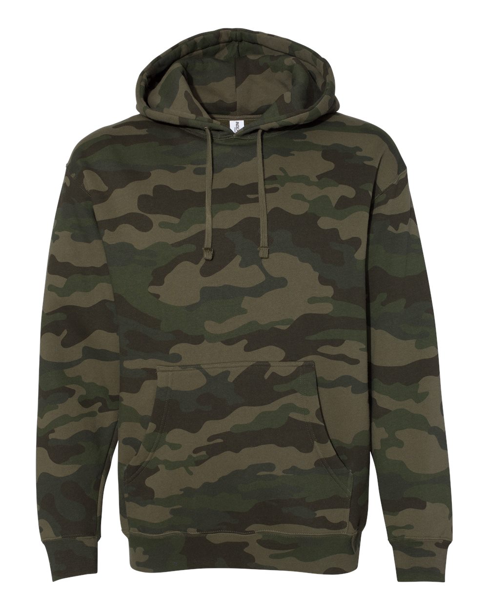 Custom Independent Trading Co. IND4000 heavyweight hooded sweatshirt in Forest Camo, front view, ready for personalized printing