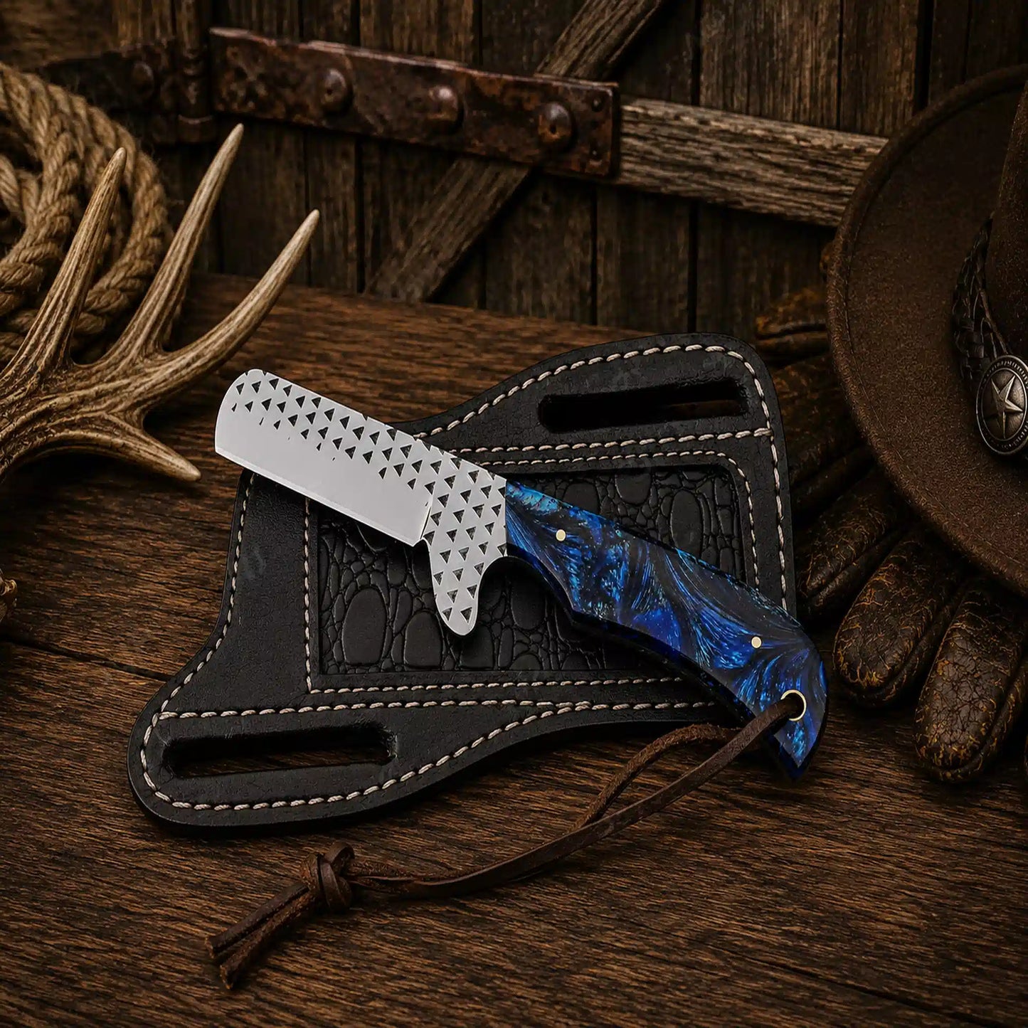 Rasp File D2 Steel Bull Cutter Knife – Blue Epoxy Resin Handle & Pancake Sheath