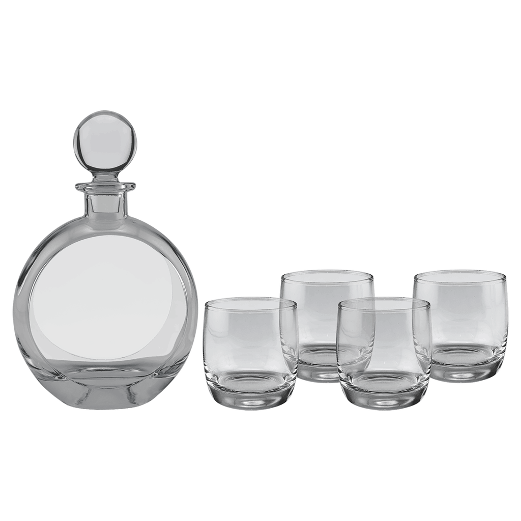 Custom engraved 750ml flat round decanter set with four 10 oz. rocks glasses, glasses detail