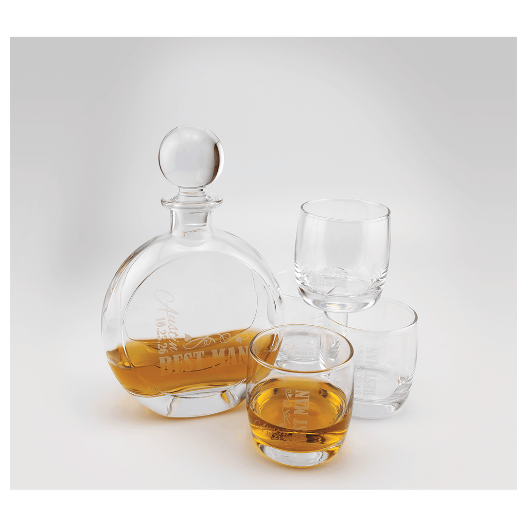 Custom engraved 750ml flat round decanter set with four 10 oz. rocks glasses, in use