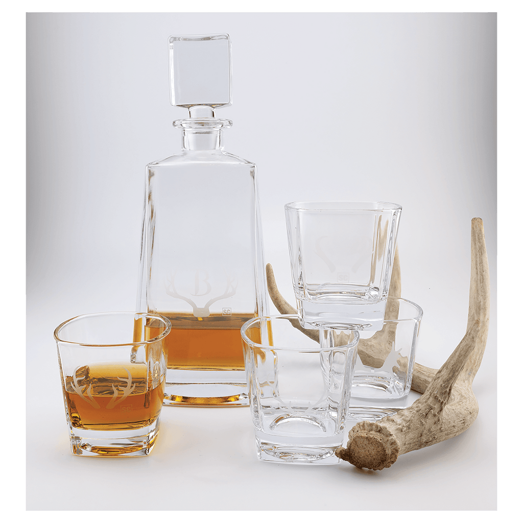 Custom engraved 750ml tequila decanter set with four 8 oz. glasses, in use