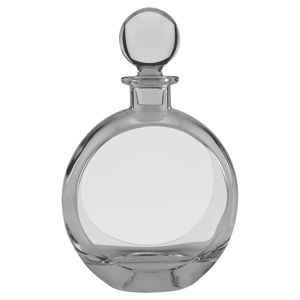 Custom engraved 750ml flat round glass decanter, alternate angle