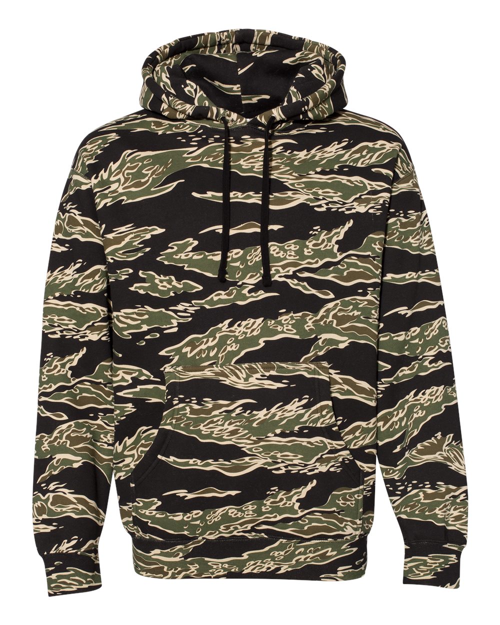 Custom Independent Trading Co. IND4000 heavyweight hooded sweatshirt in Tiger Camo, front view, ready for personalized printing