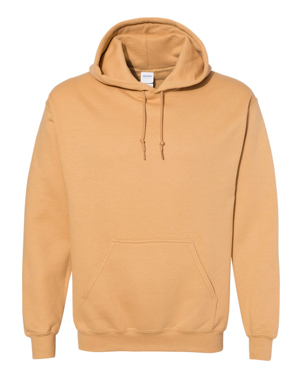 Custom Gildan 18500 Heavy Blend hooded sweatshirt in Old Gold, front view, ready for personalized printing
