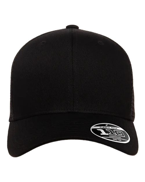Blank Flexfit 110 mesh-back trucker cap in Black, front view, ready for laser engraving