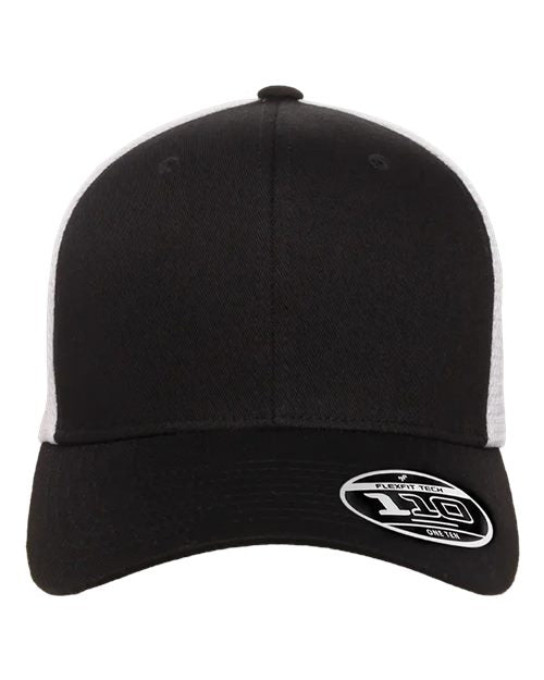 Blank Flexfit 110 mesh-back trucker cap in Black/White, front view, ready for laser engraving