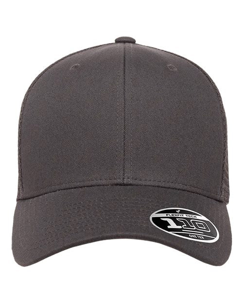 Blank Flexfit 110 mesh-back trucker cap in Charcoal, front view, ready for laser engraving