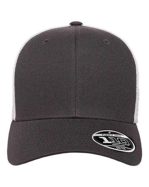 Blank Flexfit 110 mesh-back trucker cap in Charcoal/White, front view, ready for laser engraving