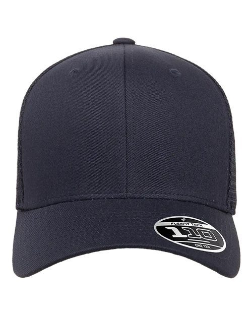Blank Flexfit 110 mesh-back trucker cap in Navy, front view, ready for laser engraving