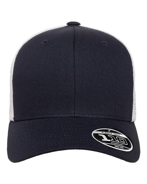 Blank Flexfit 110 mesh-back trucker cap in Navy/White, front view, ready for laser engraving