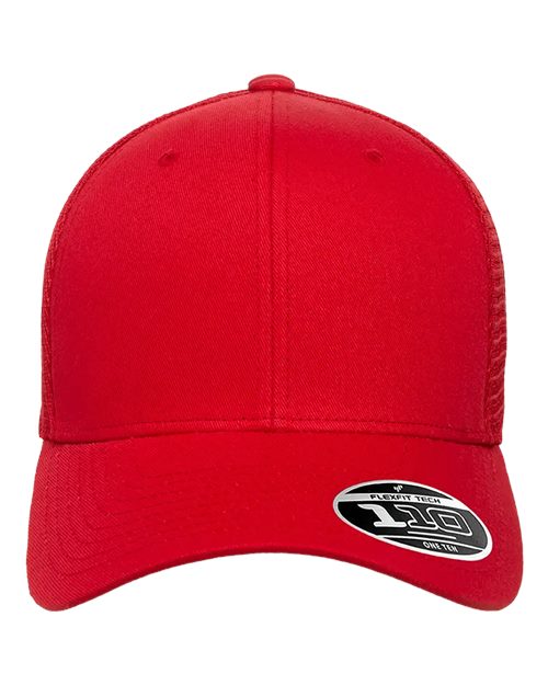 Blank Flexfit 110 mesh-back trucker cap in Red, front view, ready for laser engraving
