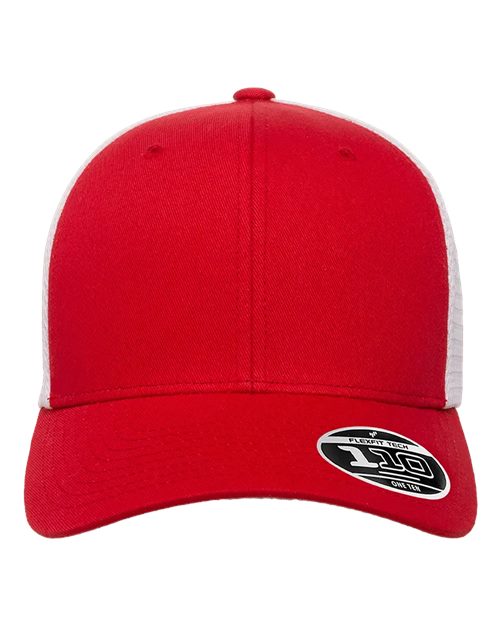 Blank Flexfit 110 mesh-back trucker cap in Red/White, front view, ready for laser engraving