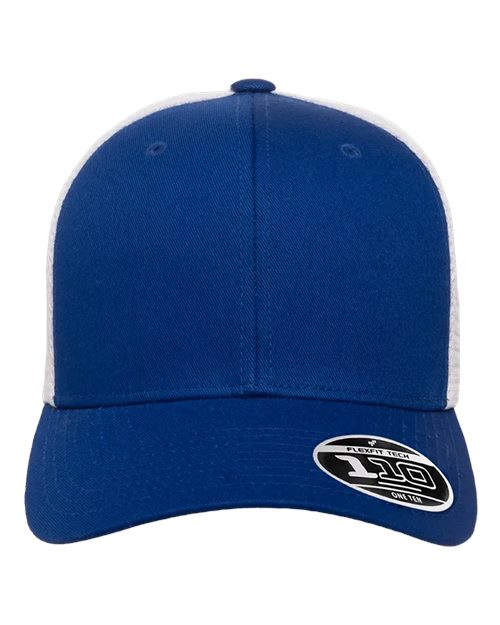 Blank Flexfit 110 mesh-back trucker cap in Royal/White, front view, ready for laser engraving