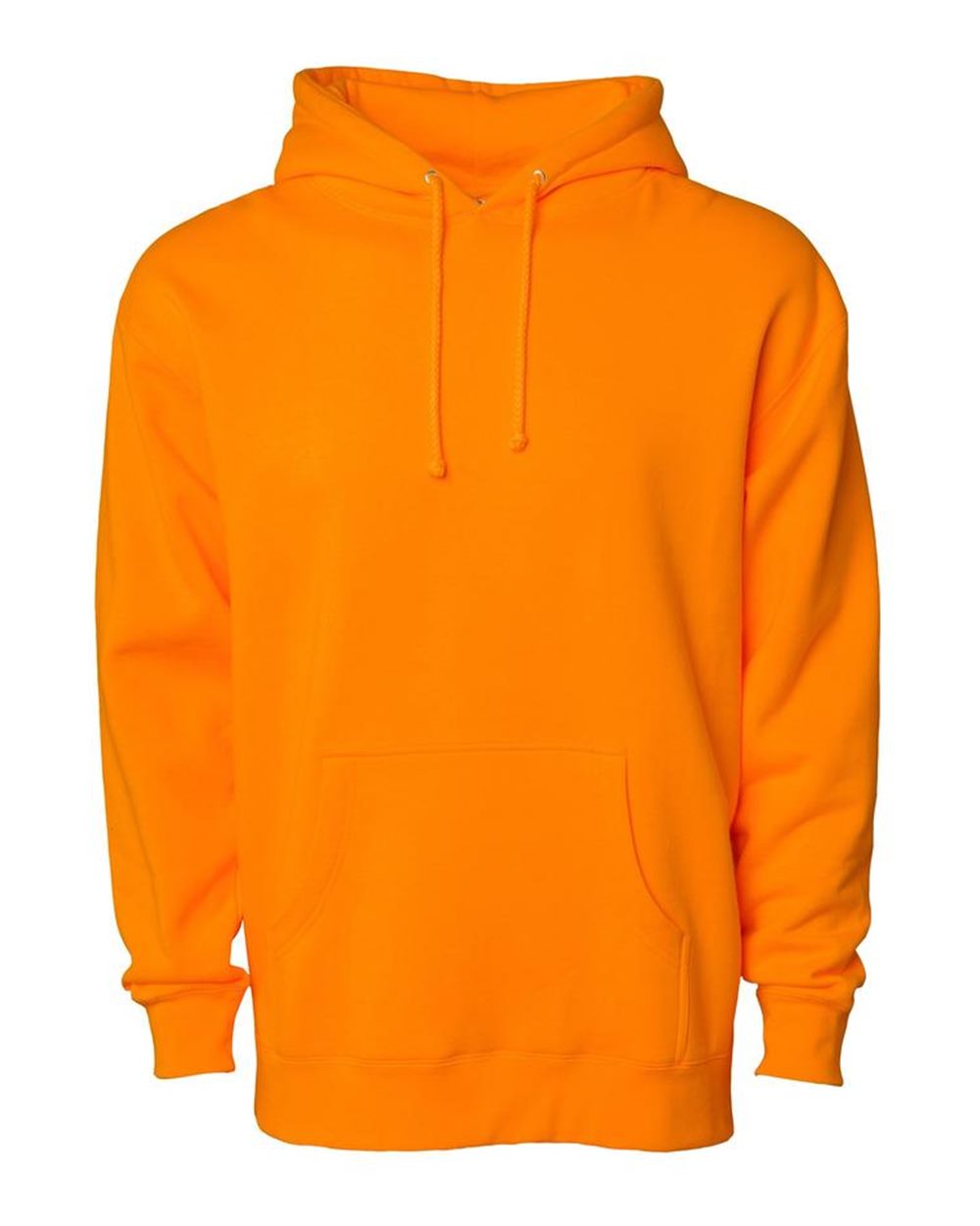 Custom Independent Trading Co. IND4000 heavyweight hooded sweatshirt in Safety Orange, front view, ready for personalized printing