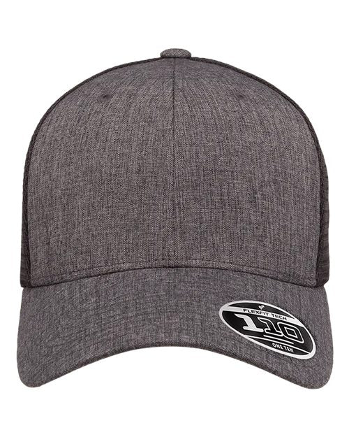 Blank Flexfit 110 mesh-back trucker cap in Melange Charcoal/Black, front view, ready for laser engraving