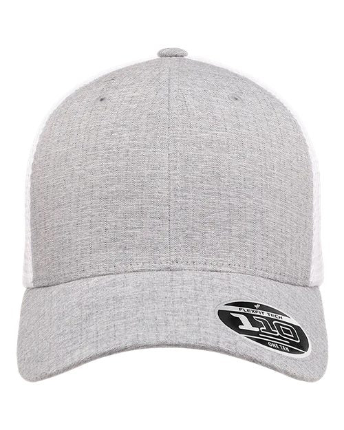 Blank Flexfit 110 mesh-back trucker cap in Melange Silver/White, front view, ready for laser engraving