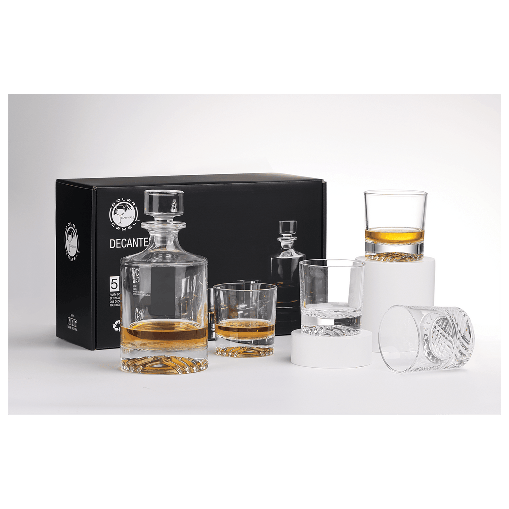 Custom engraved 850ml round glass decanter set, glasses detail