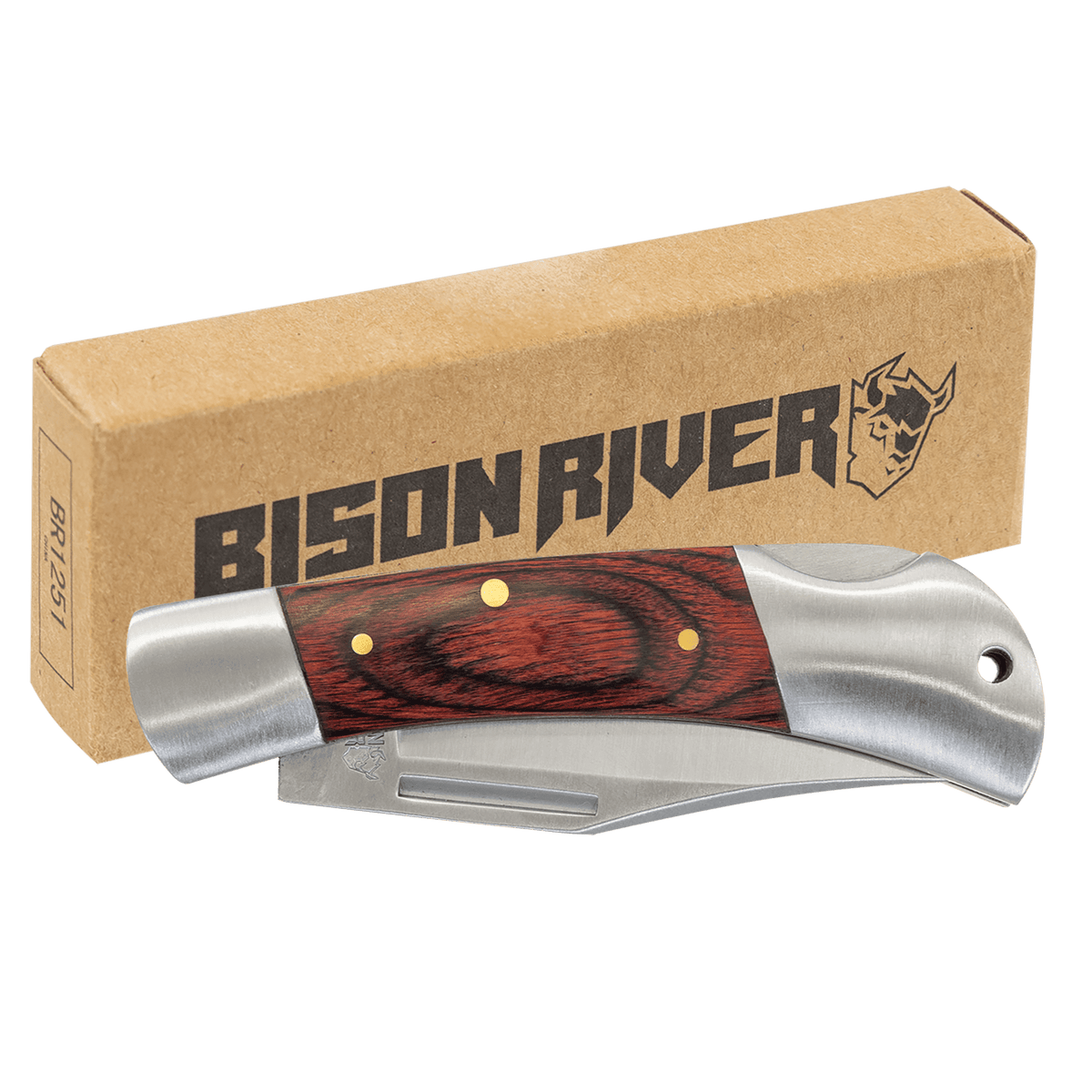 Folding knife with wood handle, closed view