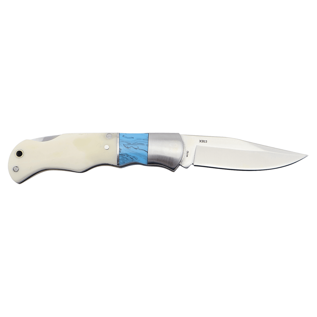 Folding knife with blue bone handle
