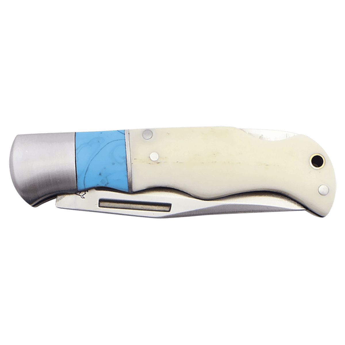 Folding knife with blue bone handle, closed view