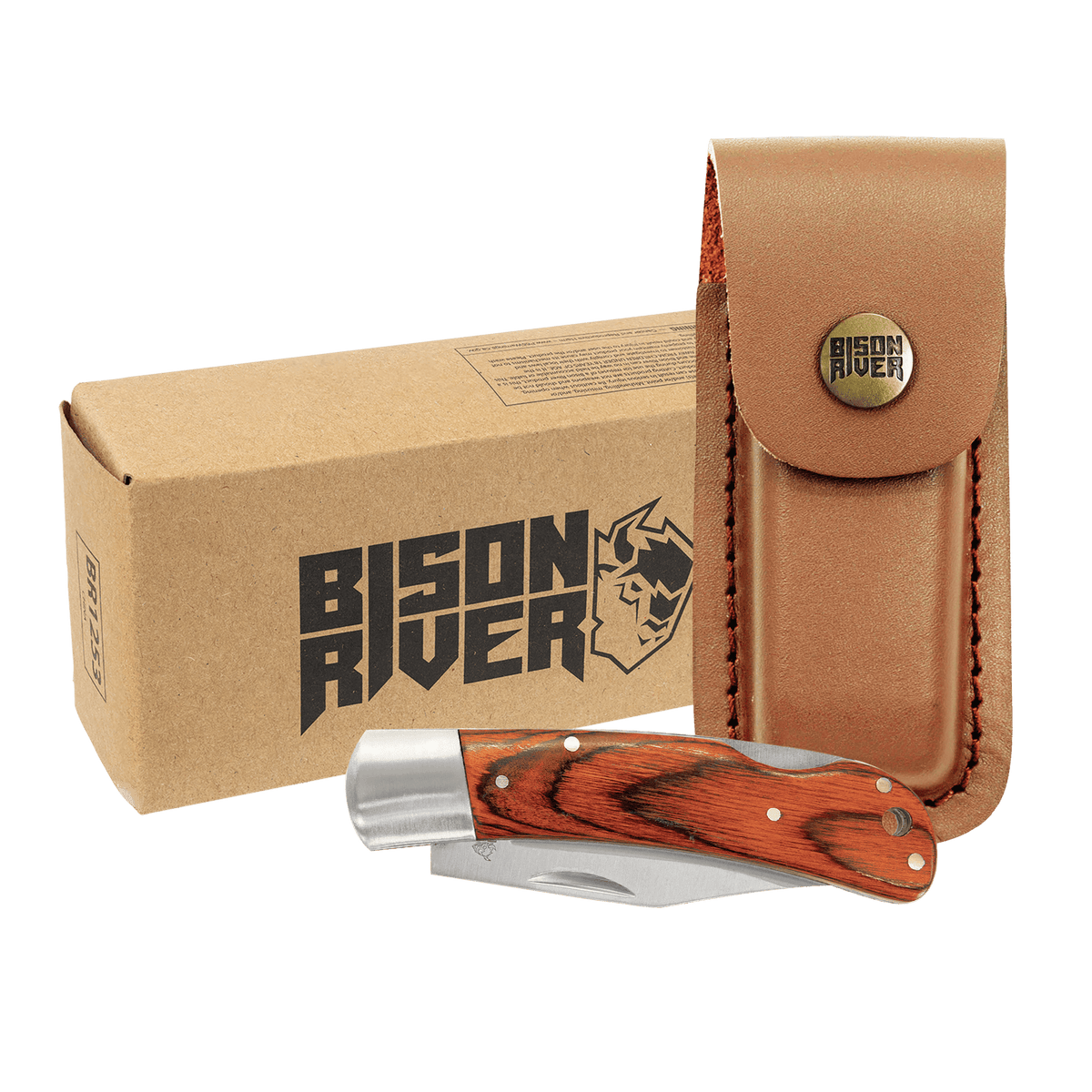 Wood-handle folding knife with leather sheath