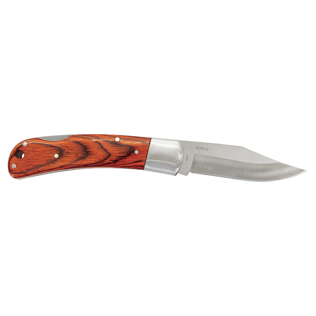 Wood-handle folding knife with leather sheath, closed view