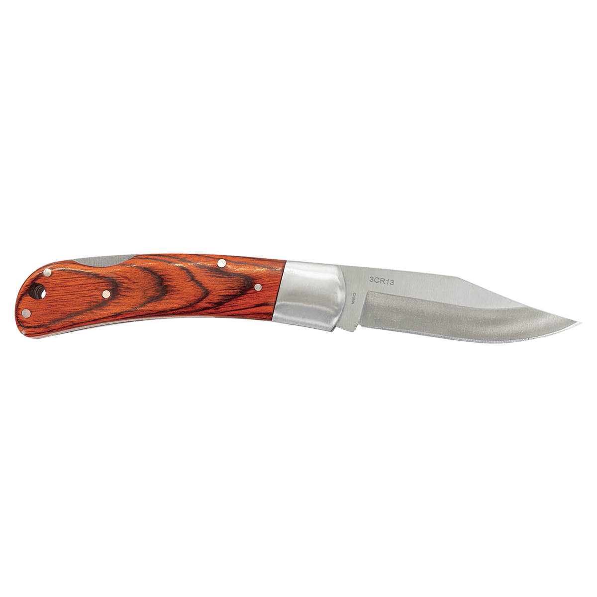 Wood-handle folding knife with leather sheath, closed view