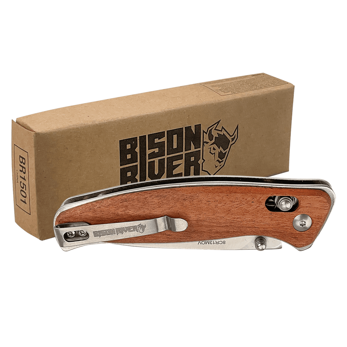 Button-lock folding knife with pocket clip in Wood
