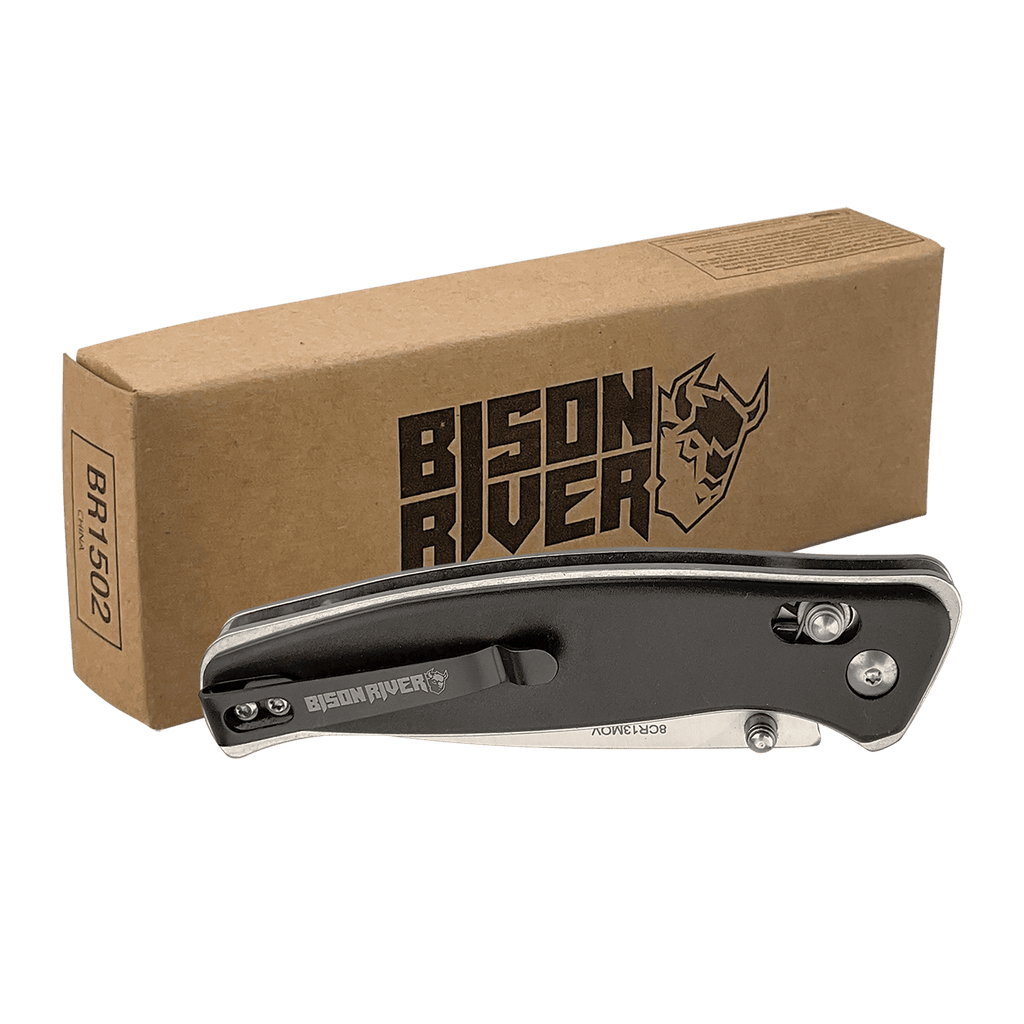 Button-lock folding knife with pocket clip, closed view