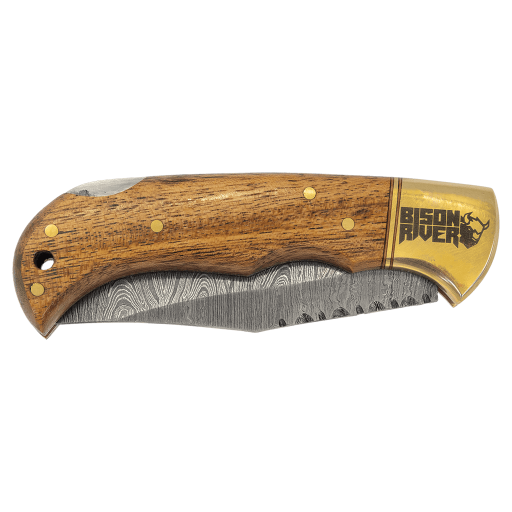 Wood-handle folding knife with Damascus steel blade, blade detail