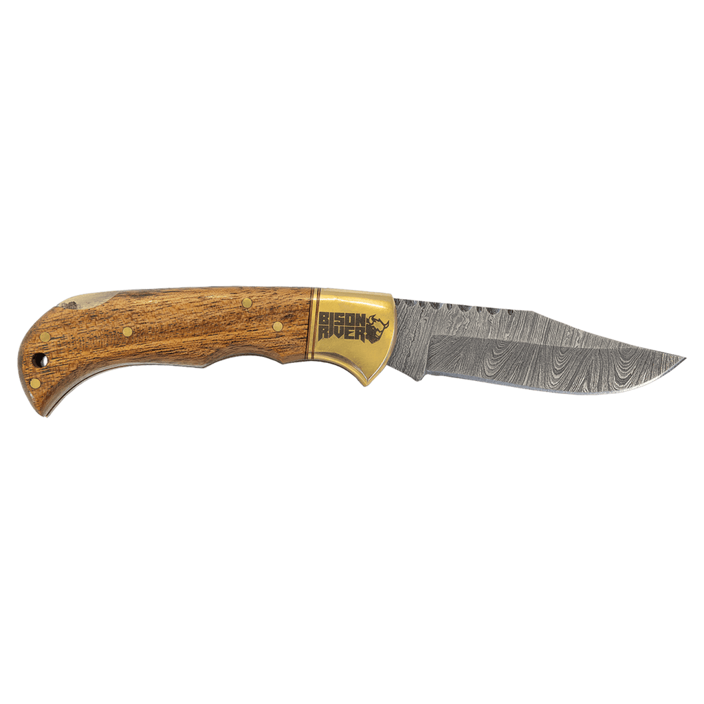 Wood-handle folding knife with Damascus steel blade