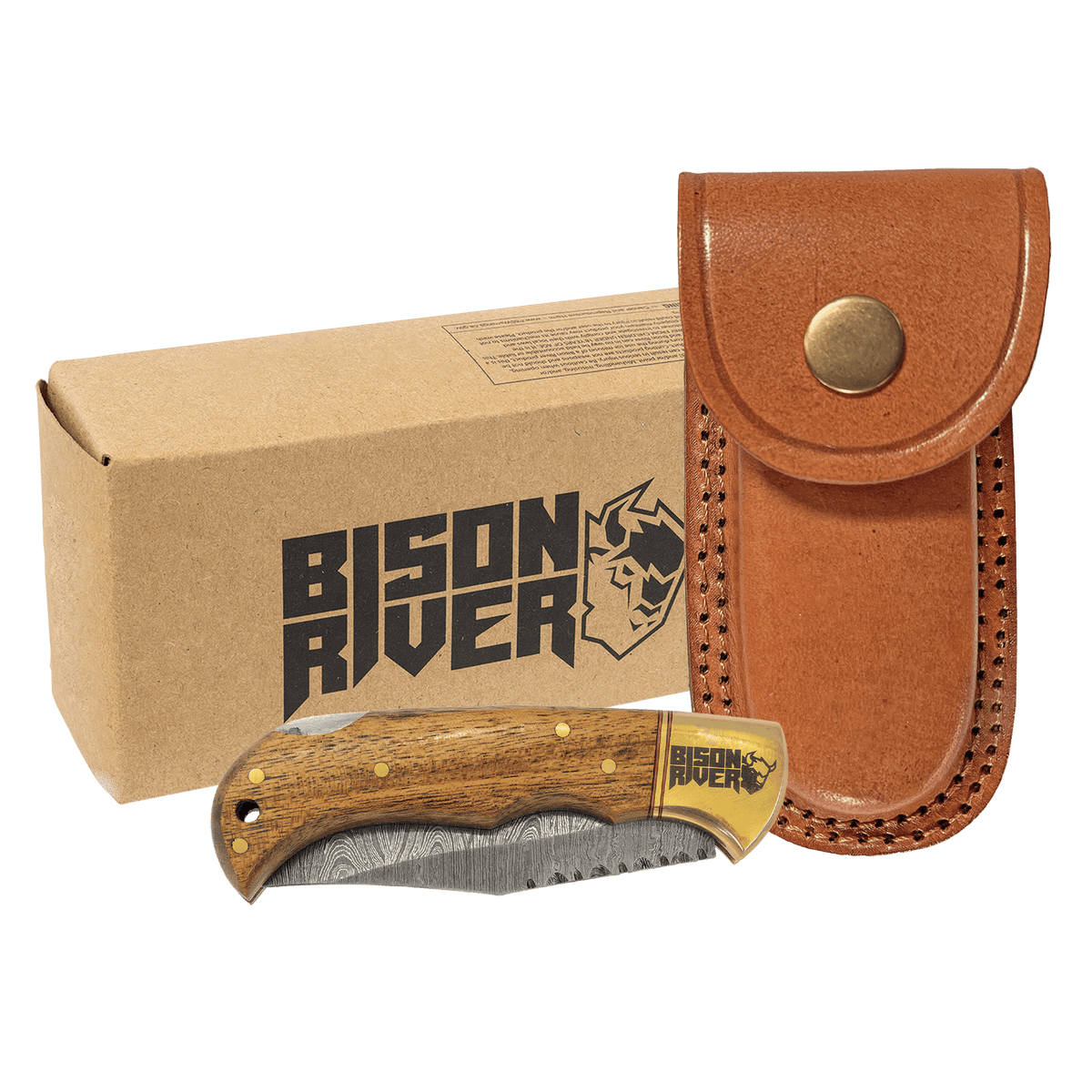 Wood-handle folding knife with Damascus steel blade, leather sheath