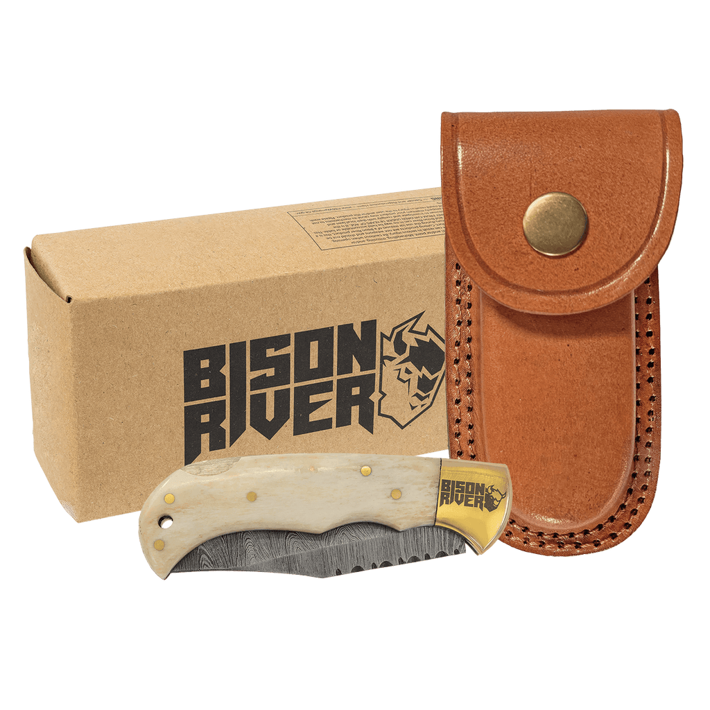 Bone-handle folding knife with Damascus steel blade, leather sheath