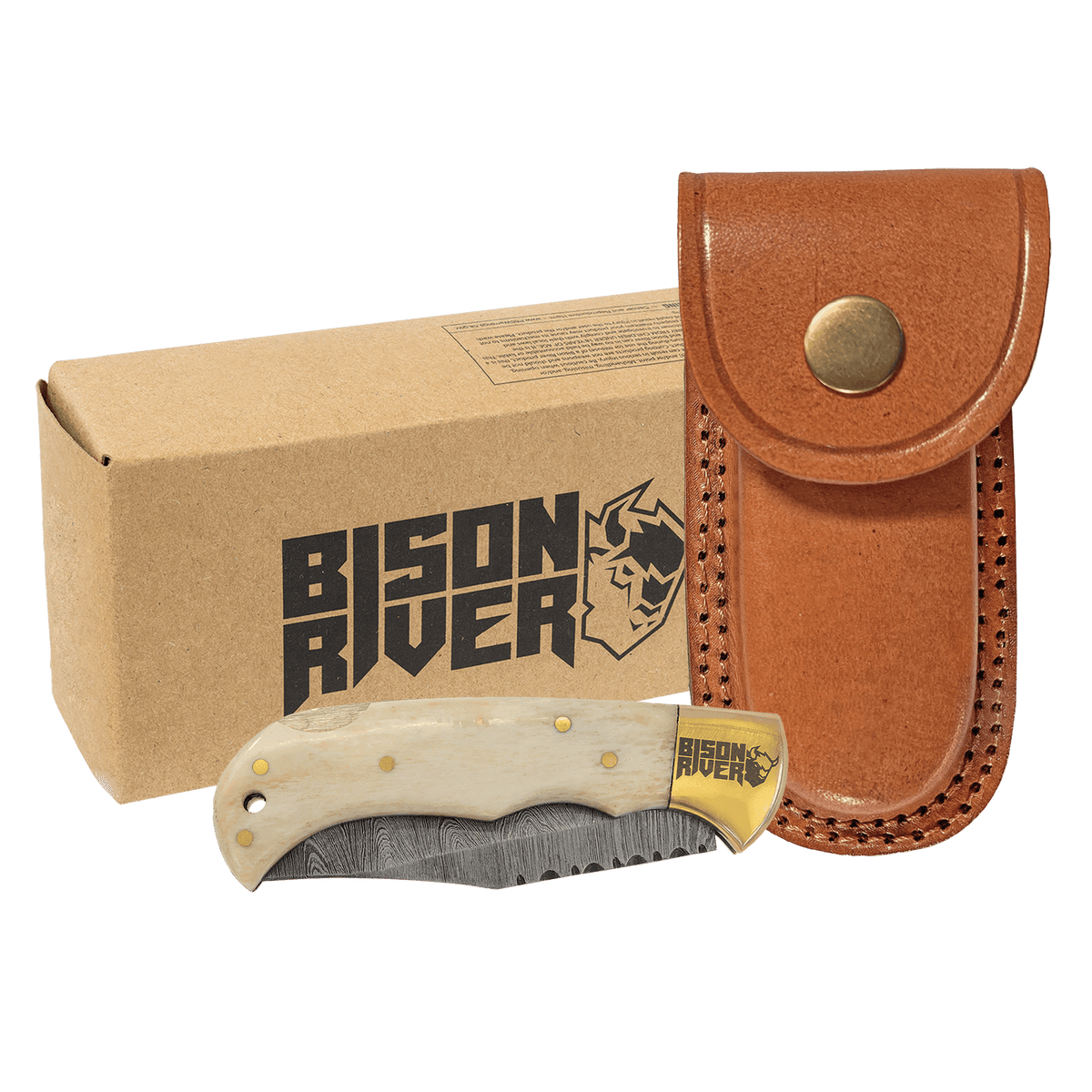 Bone-handle folding knife with Damascus steel blade, leather sheath