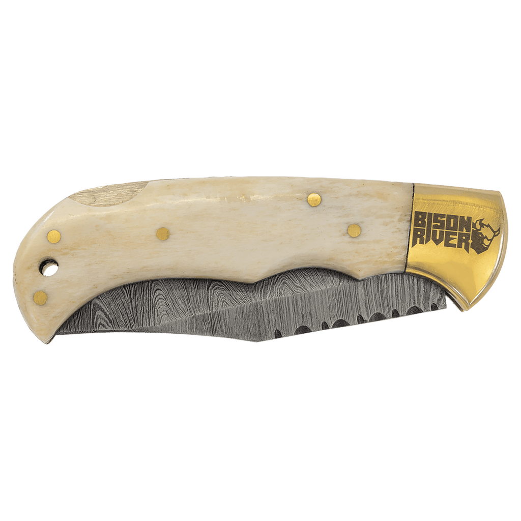 Bone-handle folding knife with Damascus steel blade, blade detail