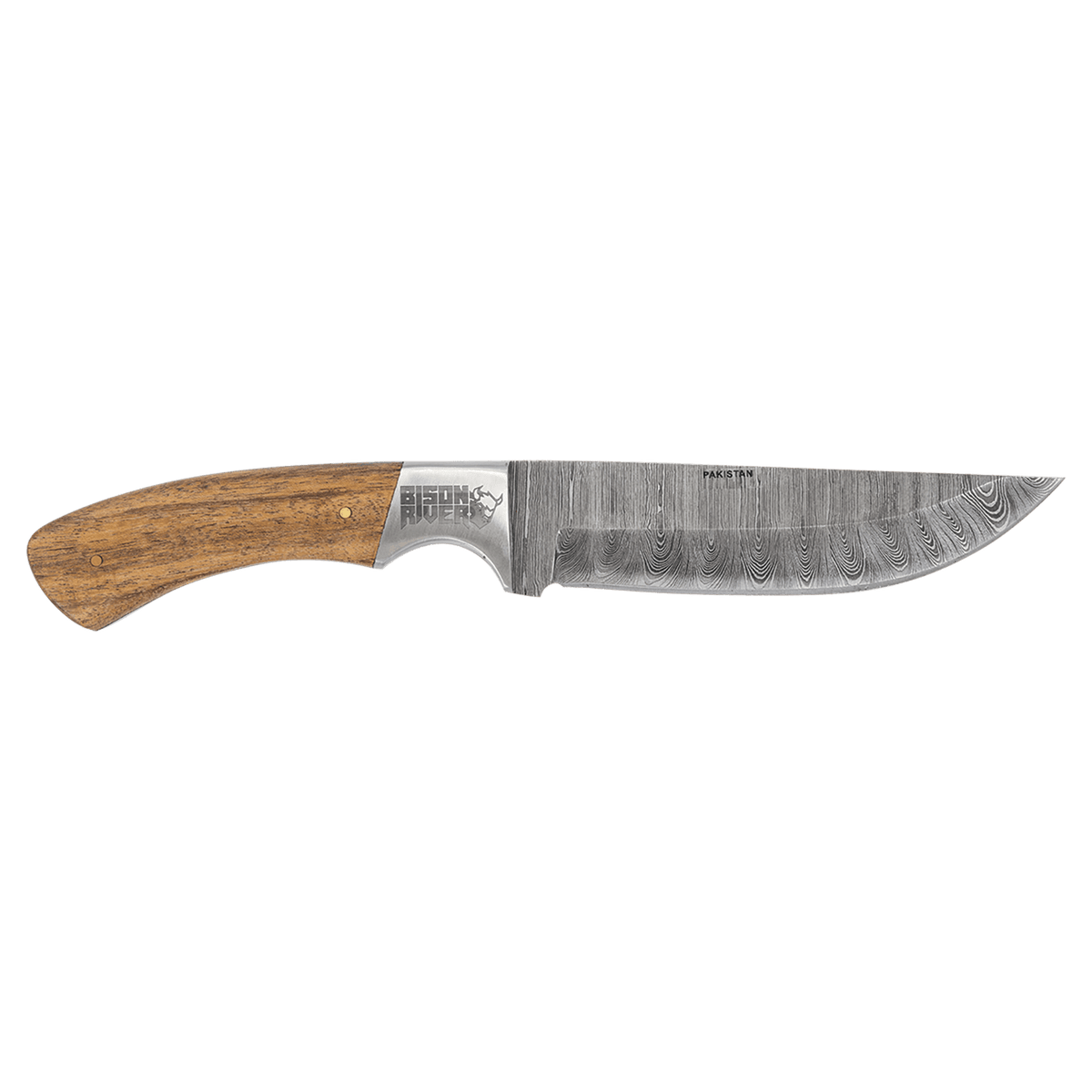 Large fixed-blade knife with Damascus steel and sheath, blade detail