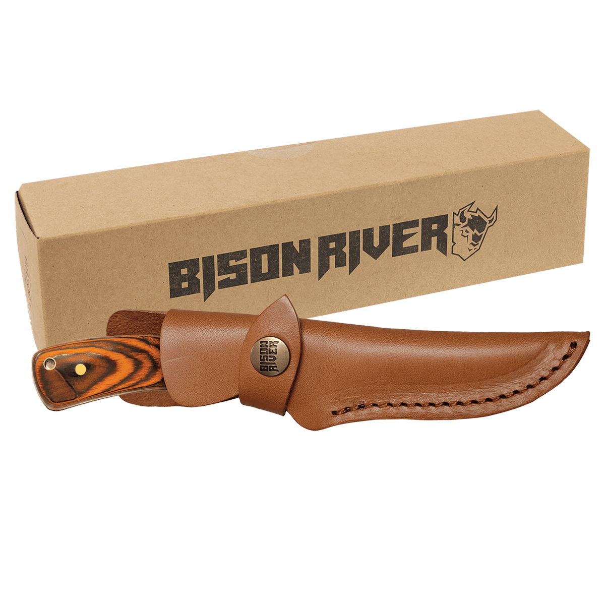 Fixed-blade wood-handle knife with sheath, blade detail
