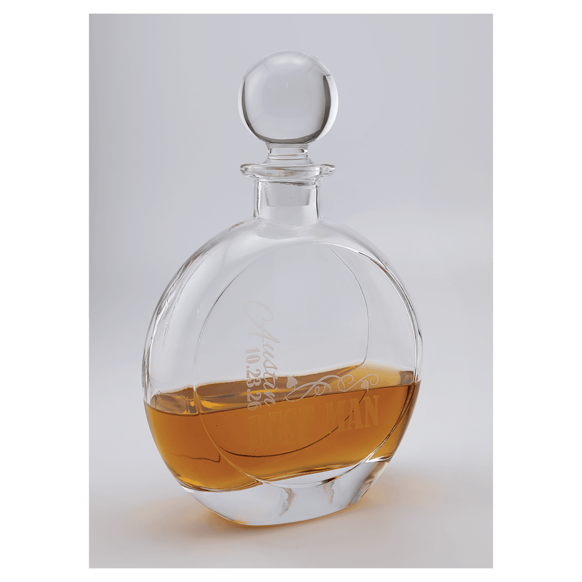 Custom engraved 750ml flat round glass decanter
