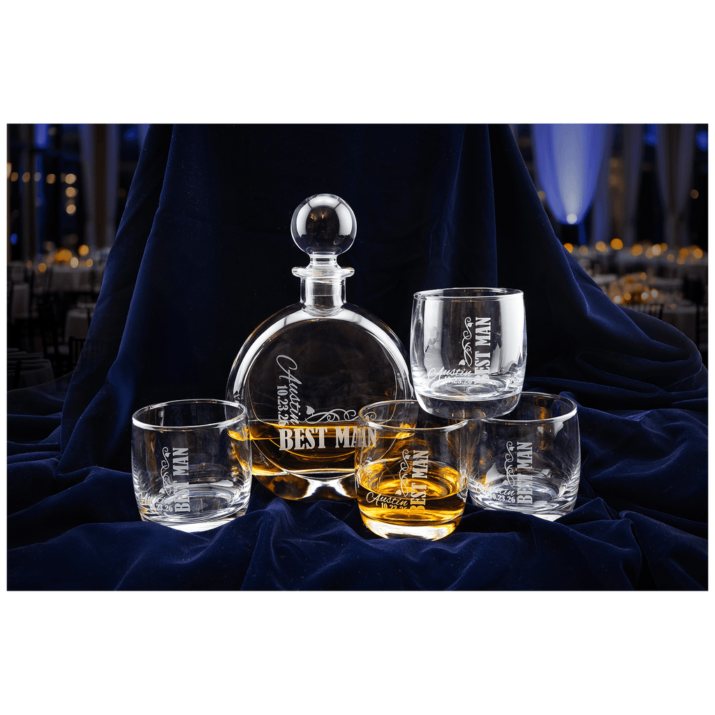 Custom engraved 750ml flat round decanter set with four 10 oz. rocks glasses