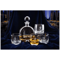 Custom engraved 750ml flat round decanter set with four 10 oz. rocks glasses