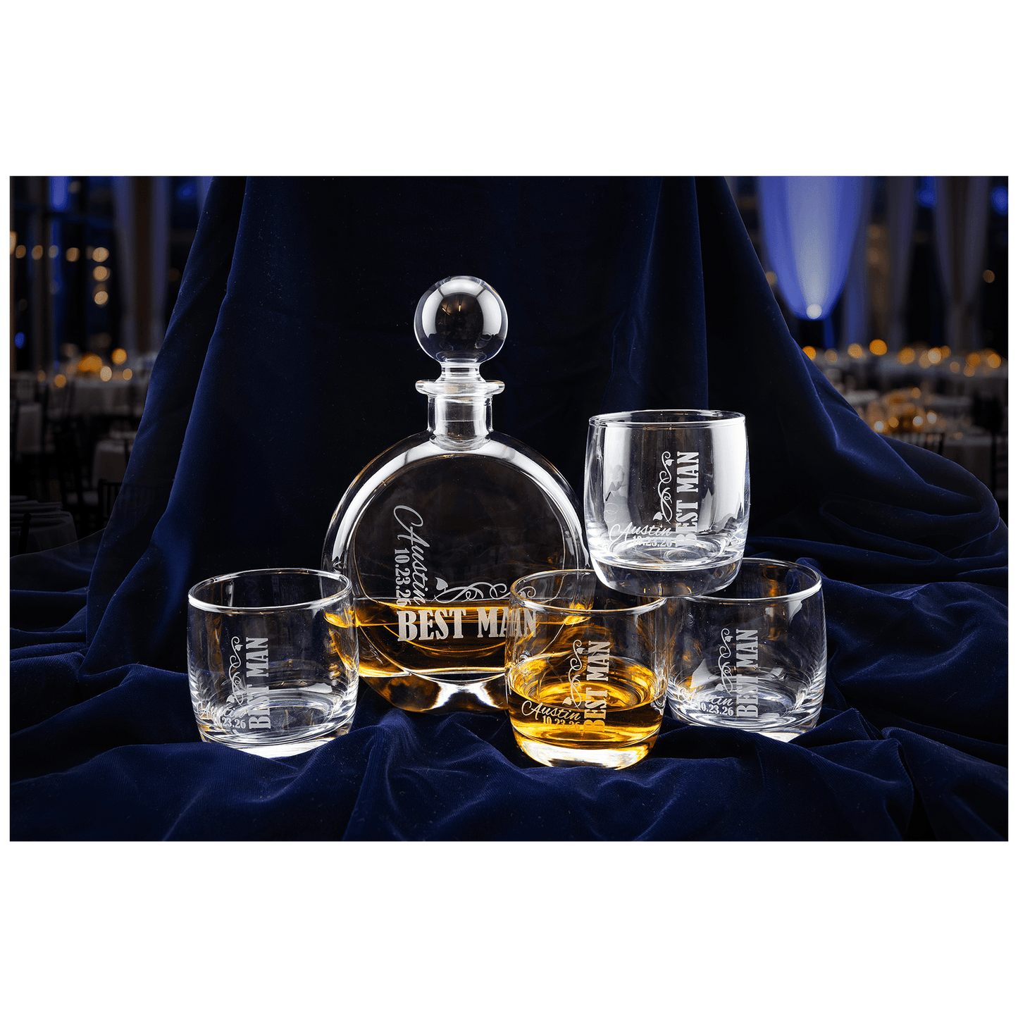 Custom 750ml Flat Round Glass Decanter Set with Four 10 oz. Rocks Glasses