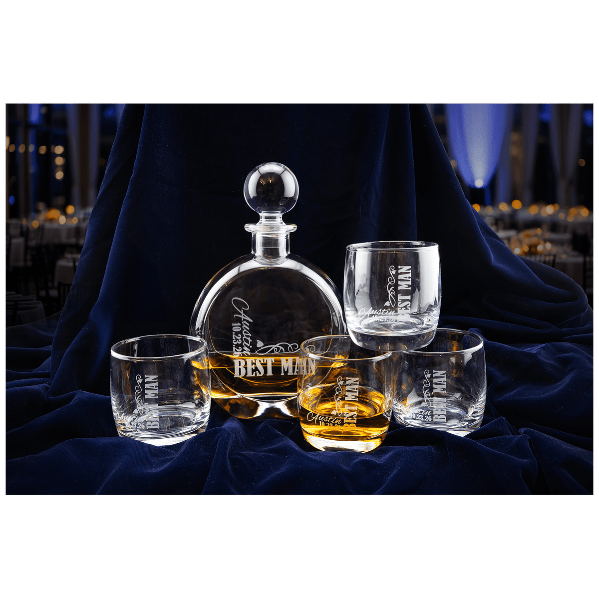 Custom engraved 750ml flat round decanter set with four 10 oz. rocks glasses