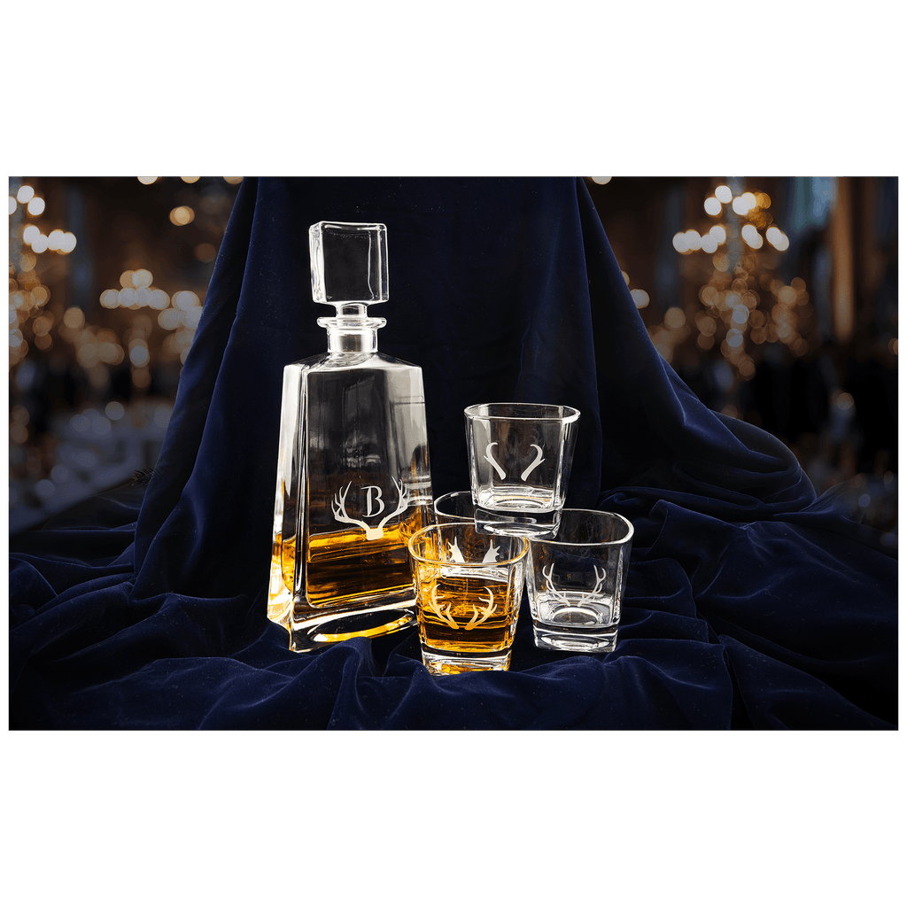 Custom engraved 750ml tequila decanter set with four 8 oz. glasses