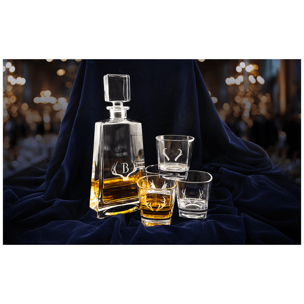 Custom engraved 750ml tequila decanter set with four 8 oz. glasses