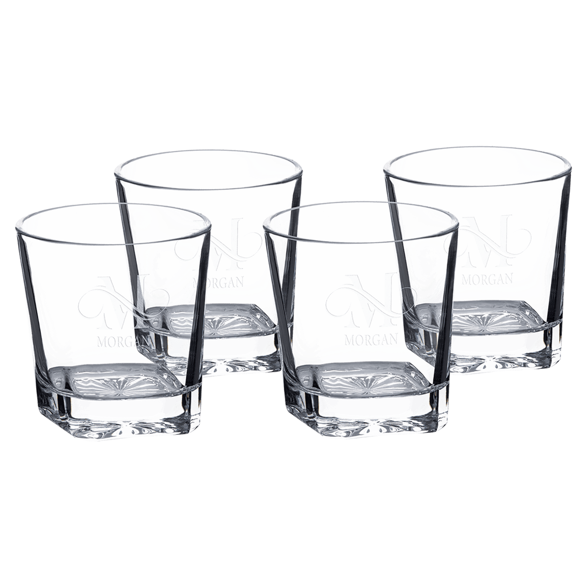 Custom engraved 11 oz. square rocks glasses, set of 4