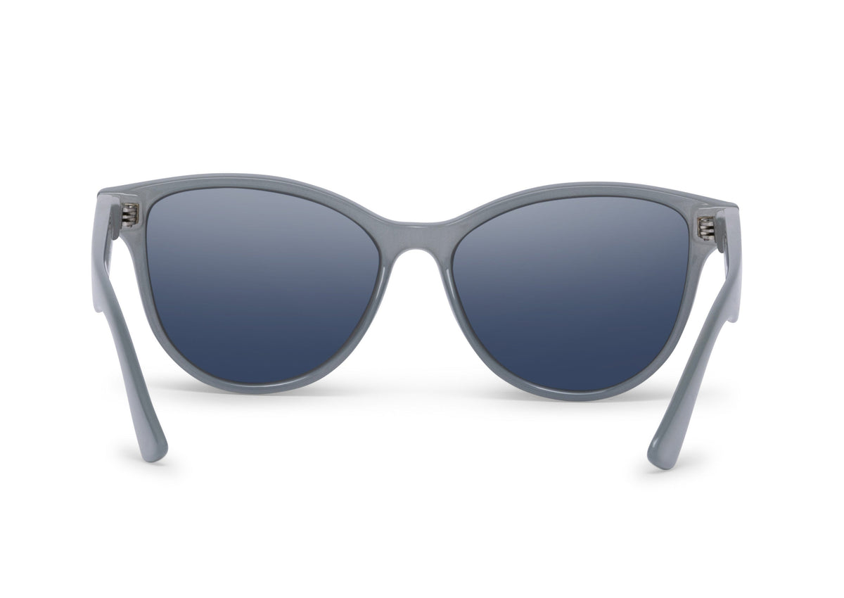 Mia sunglasses in translucent sage green, on-face view