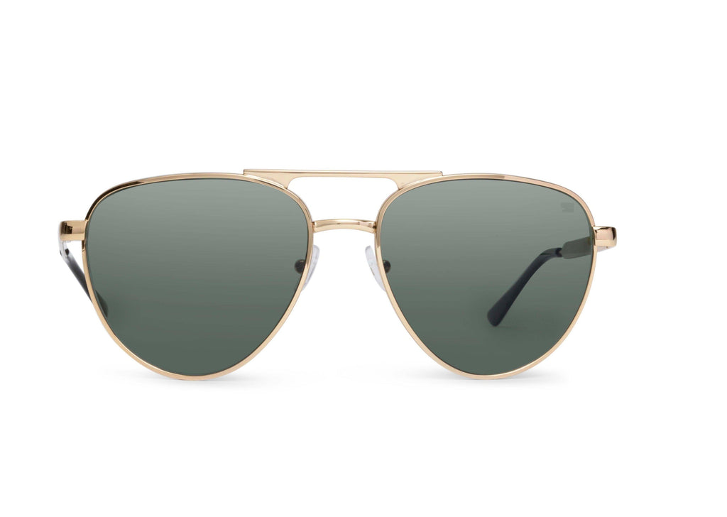 Aviator sunglasses in gold with green lens, side view