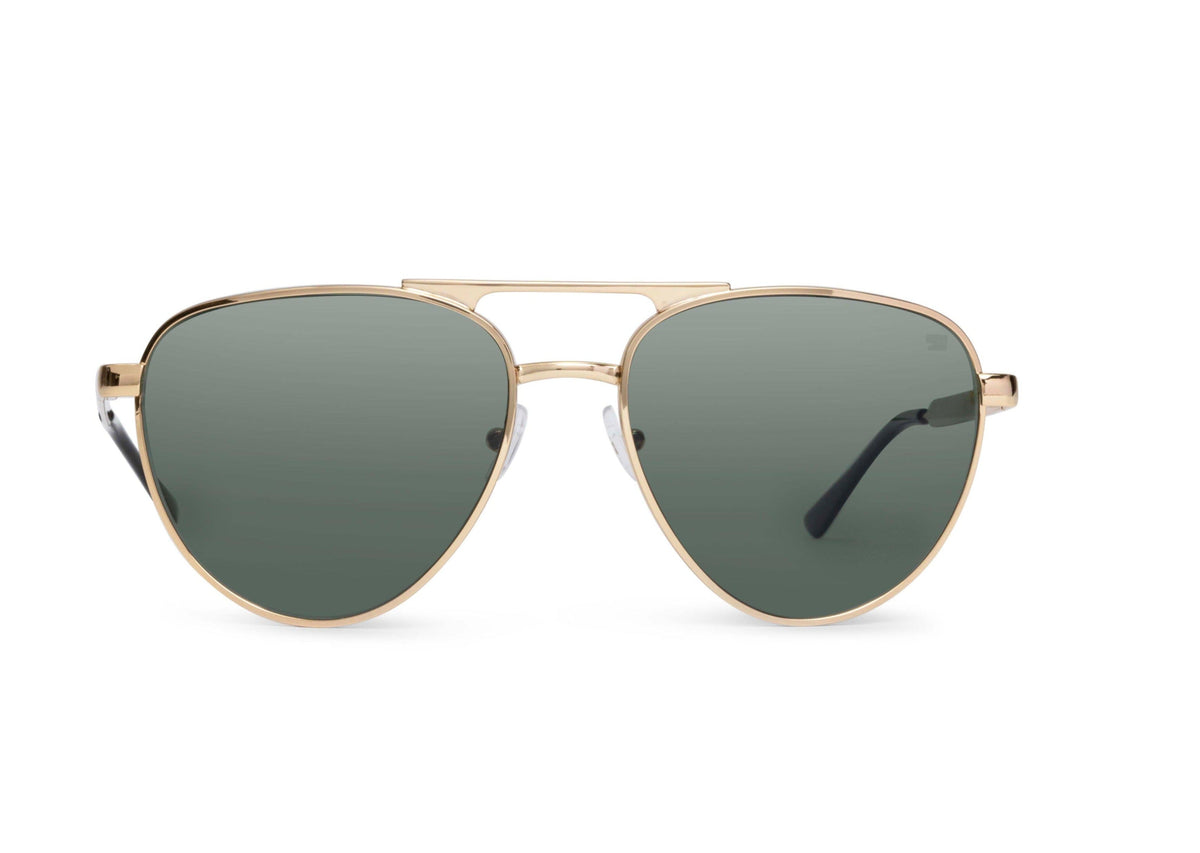 Aviator sunglasses in gold with green lens, side view