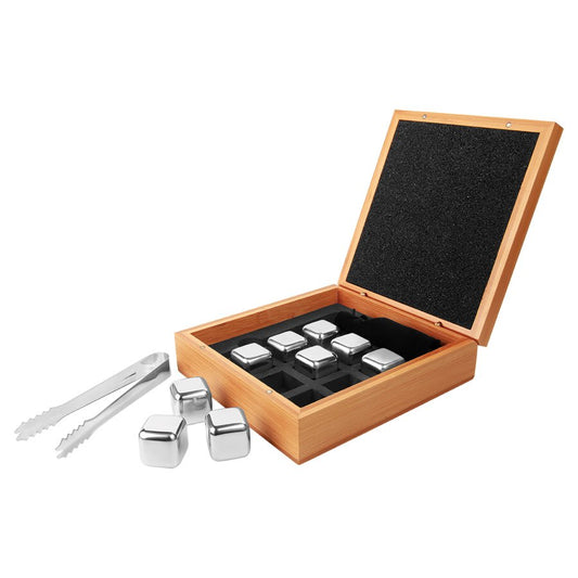 Custom Stainless Steel Whiskey Stone Set in Bamboo Case
